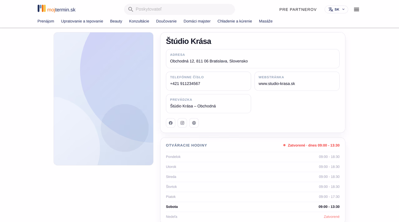 Ukážka vlastnej stránky prevádzky s online rezerváciou na mojtermin.sk