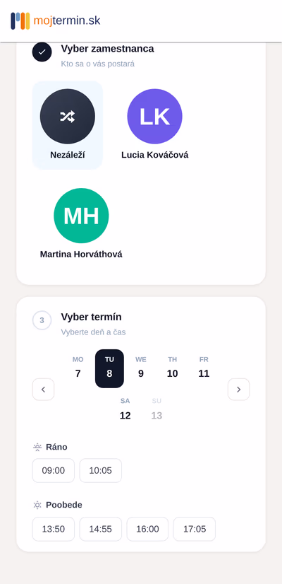 Ukážka vlastnej stránky prevádzky s online rezerváciou na mojtermin.sk