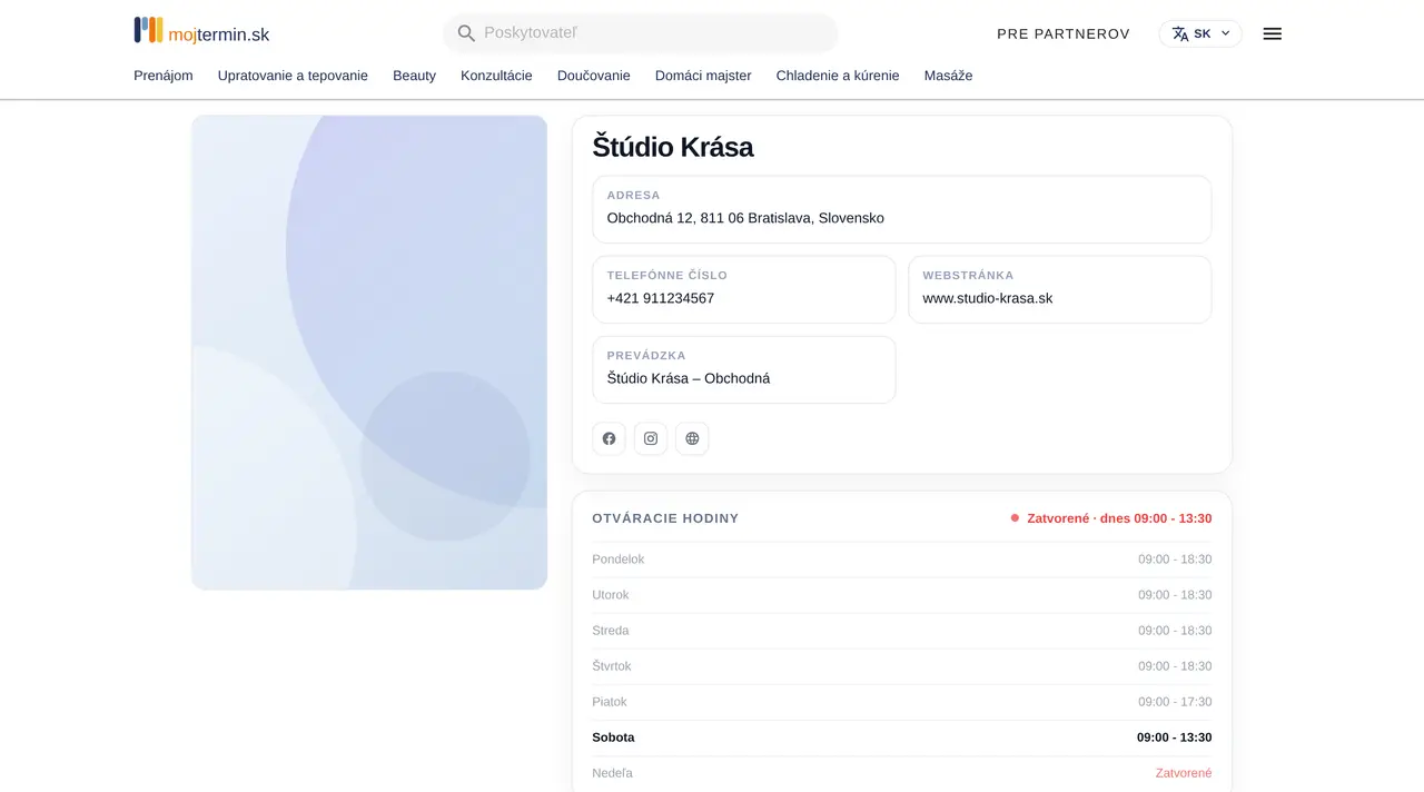 Ukážka vlastnej stránky prevádzky s online rezerváciou na mojtermin.sk