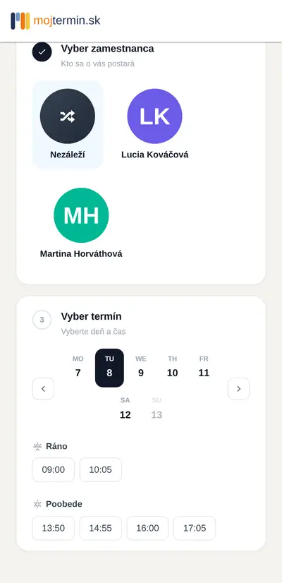 Ukážka vlastnej stránky prevádzky s online rezerváciou na mojtermin.sk